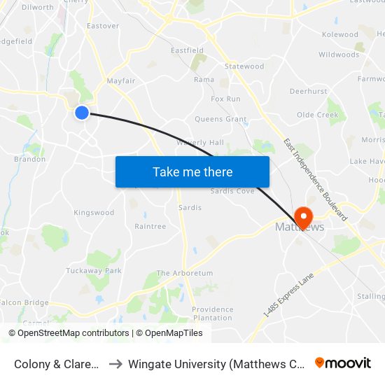 Colony & Clarendon to Wingate University (Matthews  Campus) map