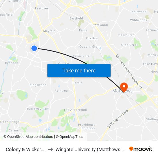 Colony & Wickersham to Wingate University (Matthews  Campus) map