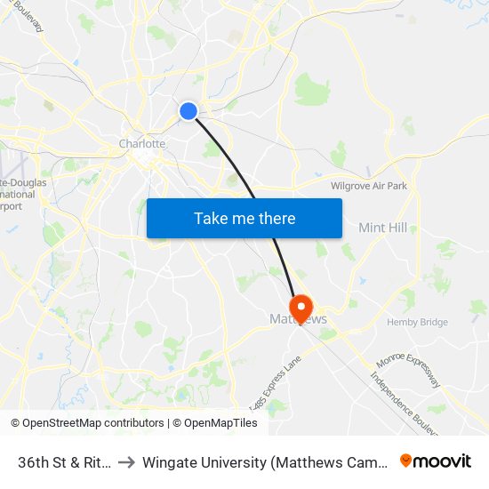 36th St & Ritch to Wingate University (Matthews  Campus) map