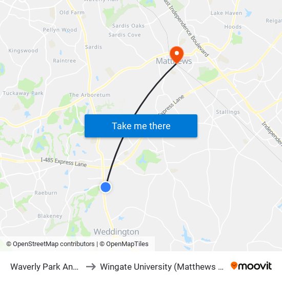 Waverly Park And Ride to Wingate University (Matthews  Campus) map