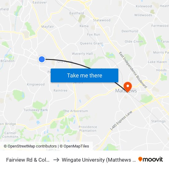 Fairview Rd & Colony Rd to Wingate University (Matthews  Campus) map