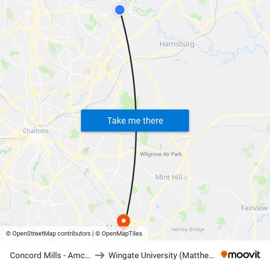 Concord Mills - Amc Theaters to Wingate University (Matthews  Campus) map