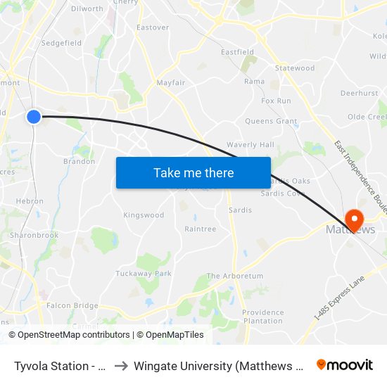 Tyvola Station - Bay 4 to Wingate University (Matthews  Campus) map