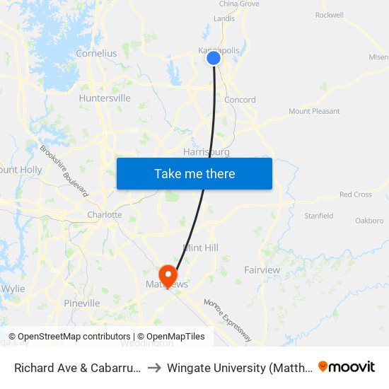 Richard Ave & Cabarrus Arms Apts to Wingate University (Matthews  Campus) map