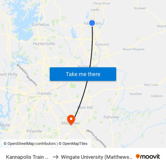Kannapolis Train Station to Wingate University (Matthews  Campus) map