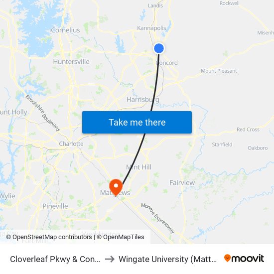 Cloverleaf Pkwy & Concord Lake Rd to Wingate University (Matthews  Campus) map