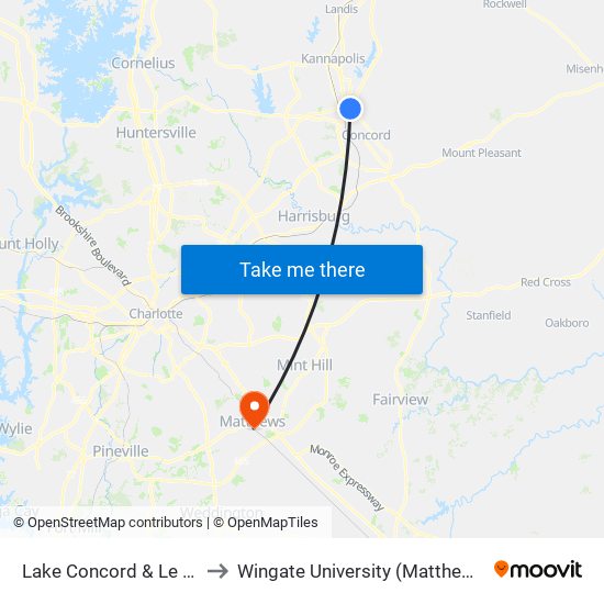 Lake Concord & Le Phillip Ct to Wingate University (Matthews  Campus) map