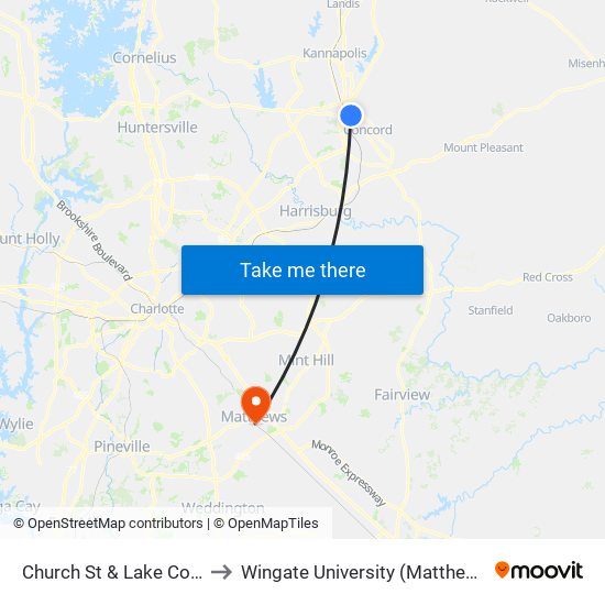 Church St & Lake Concord Rd to Wingate University (Matthews  Campus) map