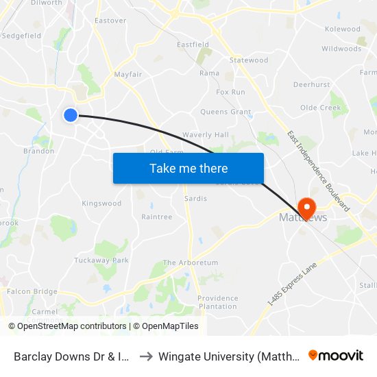 Barclay Downs Dr & Inverness Rd to Wingate University (Matthews  Campus) map