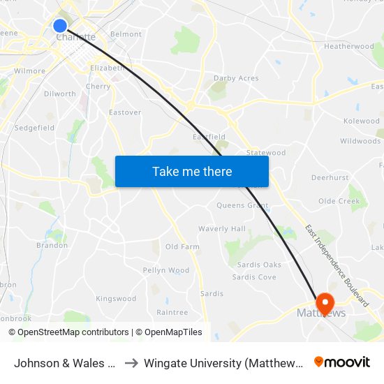 Johnson & Wales Citylynx to Wingate University (Matthews  Campus) map