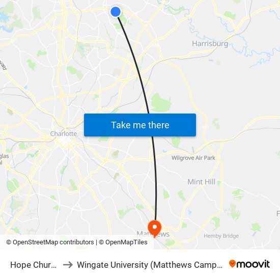 Hope Church to Wingate University (Matthews  Campus) map