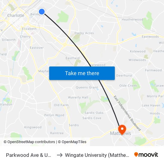 Parkwood Ave & Umstead St to Wingate University (Matthews  Campus) map