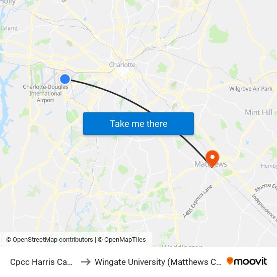 Cpcc Harris Campus to Wingate University (Matthews  Campus) map