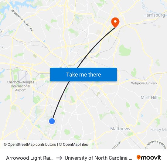 Arrowood Light Rail Station to University of North Carolina at Charlotte map