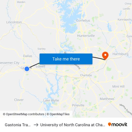 Gastonia Transit to University of North Carolina at Charlotte map