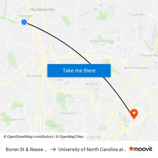 Boren St & Reese Blvd W to University of North Carolina at Charlotte map