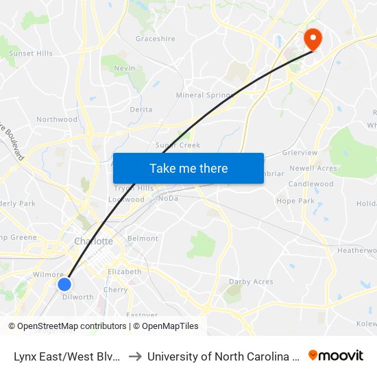 Lynx East/West Blvd Station to University of North Carolina at Charlotte map