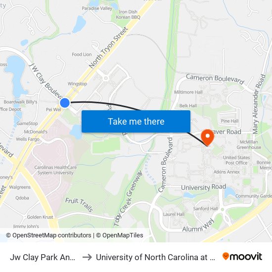 Jw Clay Park And Ride to University of North Carolina at Charlotte map