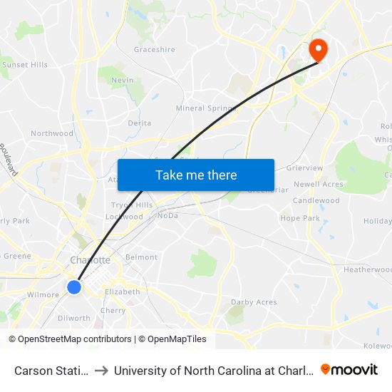 Carson Station to University of North Carolina at Charlotte map
