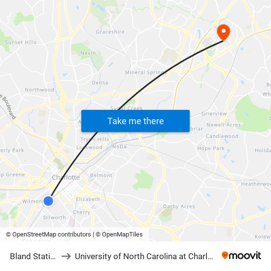 Bland Station to University of North Carolina at Charlotte map