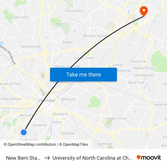 New Bern Station to University of North Carolina at Charlotte map