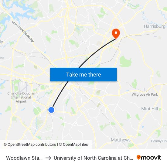 Woodlawn Station to University of North Carolina at Charlotte map