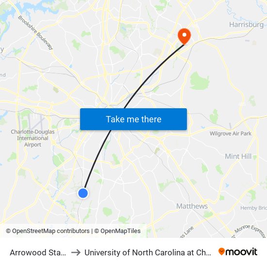 Arrowood Station to University of North Carolina at Charlotte map
