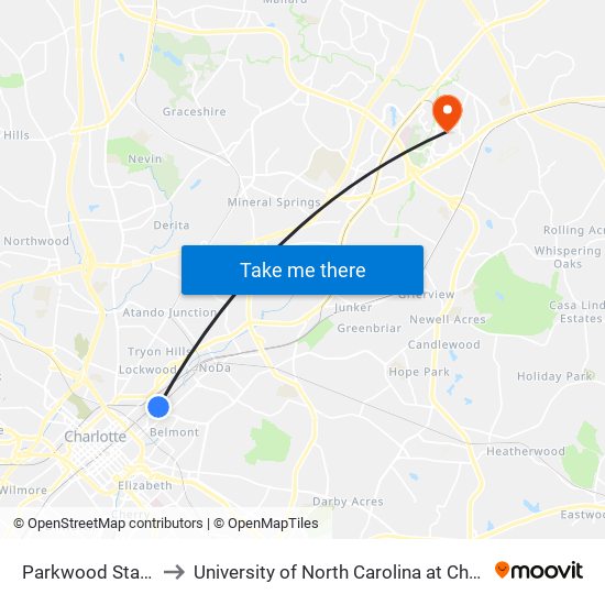 Parkwood Station to University of North Carolina at Charlotte map