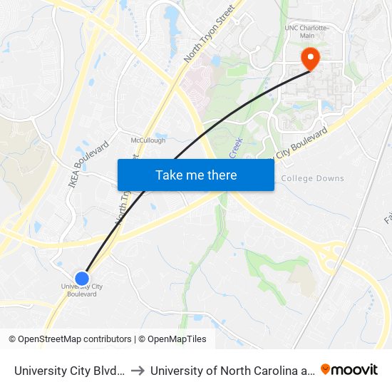 University City Blvd Station to University of North Carolina at Charlotte map