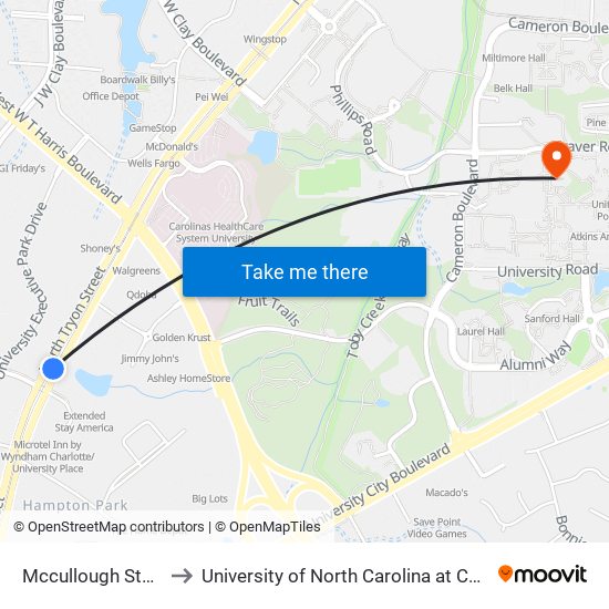 Mccullough Station to University of North Carolina at Charlotte map