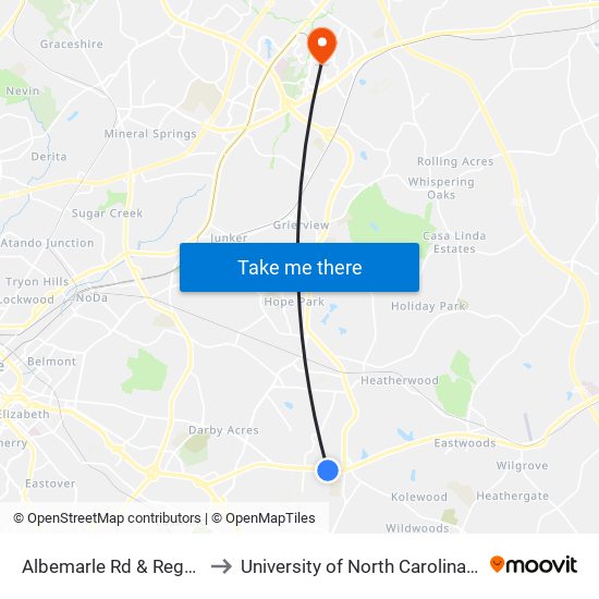 Albemarle Rd & Regal Oaks Dr to University of North Carolina at Charlotte map