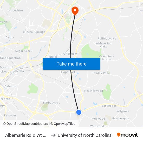 Albemarle Rd & Wt Harris Blvd to University of North Carolina at Charlotte map