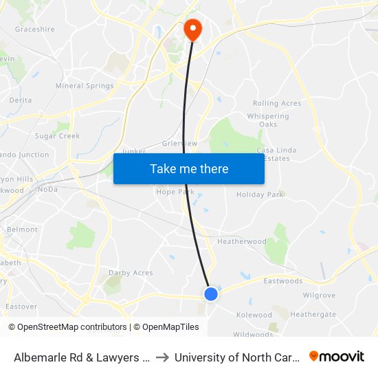 Albemarle Rd & Lawyers Rd Park And Ride to University of North Carolina at Charlotte map