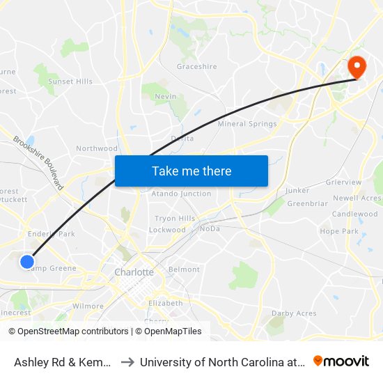 Ashley Rd & Kempton Pl to University of North Carolina at Charlotte map