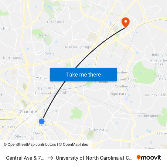 Central Ave & 7th St to University of North Carolina at Charlotte map