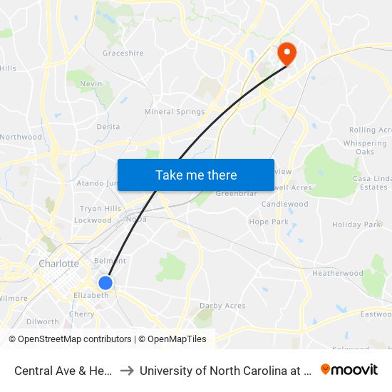 Central Ave & Heath Ct to University of North Carolina at Charlotte map