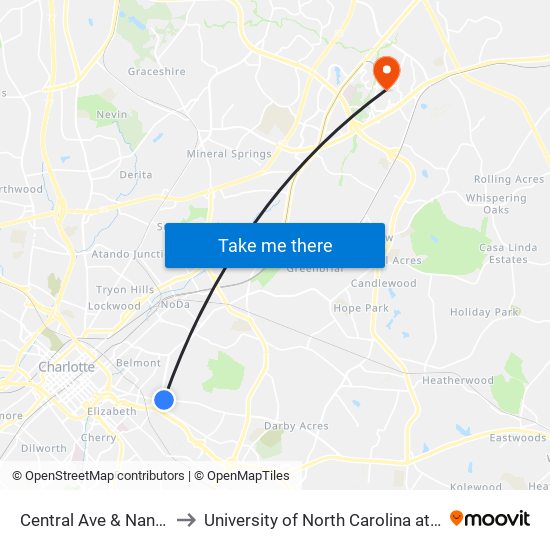 Central Ave & Nandina St to University of North Carolina at Charlotte map