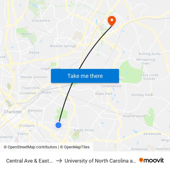 Central Ave & Eastcrest Dr to University of North Carolina at Charlotte map