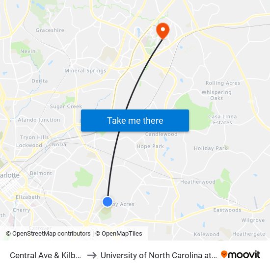 Central Ave & Kilborne Dr to University of North Carolina at Charlotte map