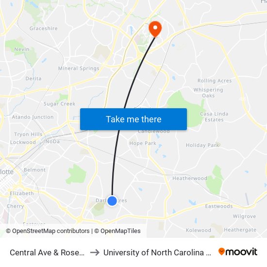 Central Ave & Rosehaven Dr to University of North Carolina at Charlotte map