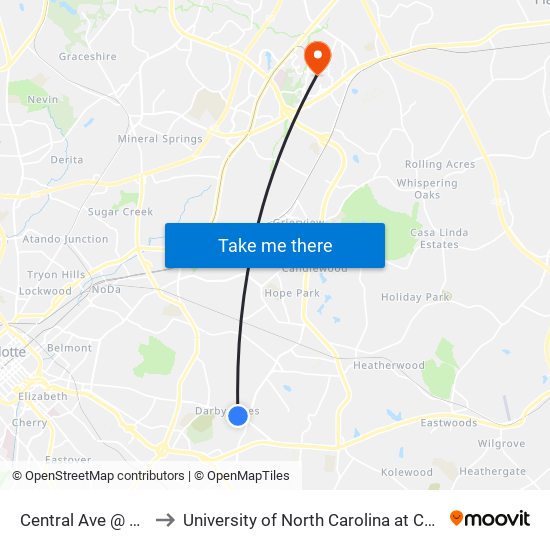 Central Ave @ 4908 to University of North Carolina at Charlotte map