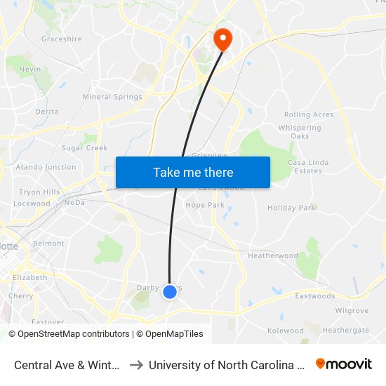 Central Ave & Winterfield Pl to University of North Carolina at Charlotte map