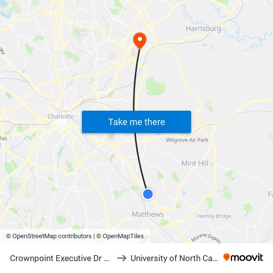 Crownpoint Executive Dr & Independence Blvd to University of North Carolina at Charlotte map