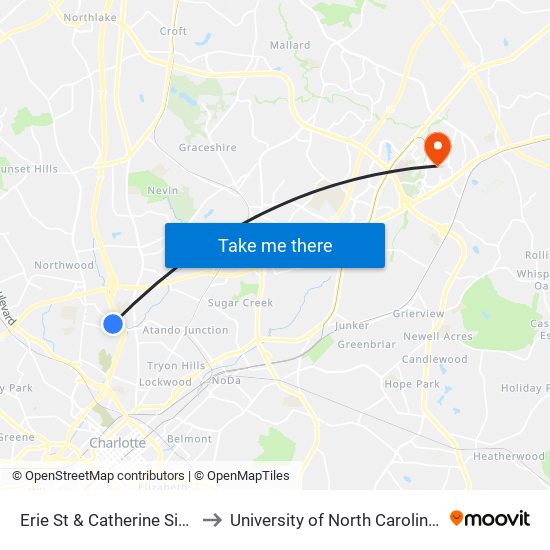 Erie St & Catherine Simmons Ave to University of North Carolina at Charlotte map