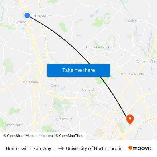 Huntersville Gateway Park & Ride to University of North Carolina at Charlotte map