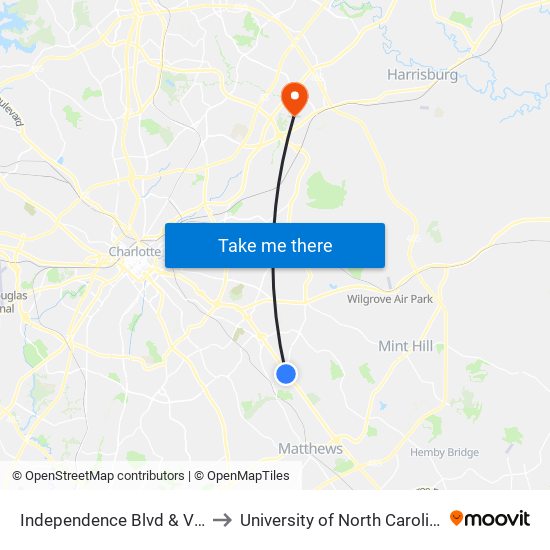 Independence Blvd & Village Lake Dr to University of North Carolina at Charlotte map