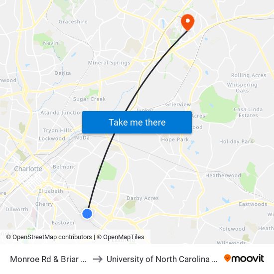 Monroe Rd & Briar Creek Rd to University of North Carolina at Charlotte map