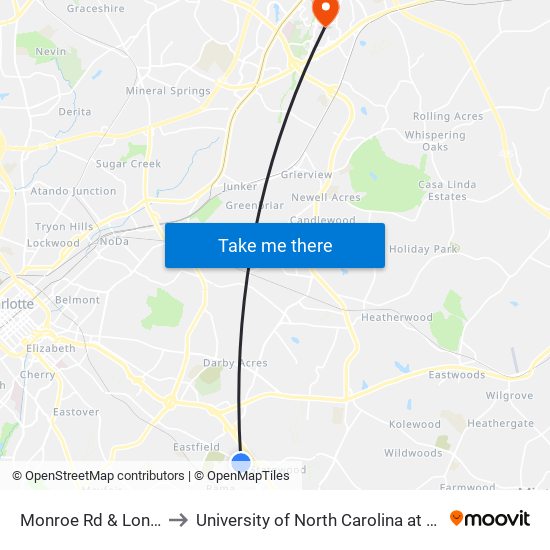 Monroe Rd & Long Ave to University of North Carolina at Charlotte map