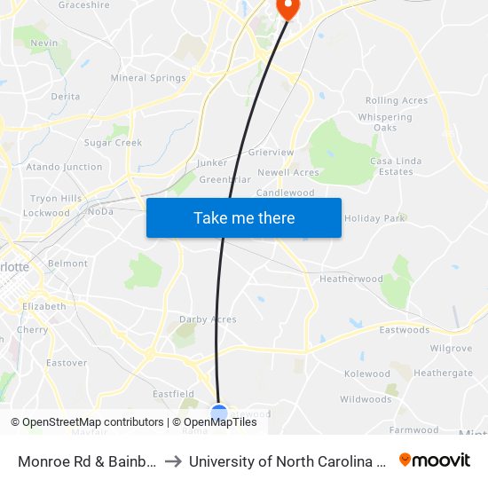 Monroe Rd & Bainbridge Rd to University of North Carolina at Charlotte map