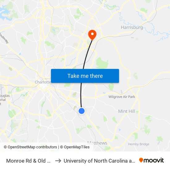 Monroe Rd & Old Post Rd to University of North Carolina at Charlotte map